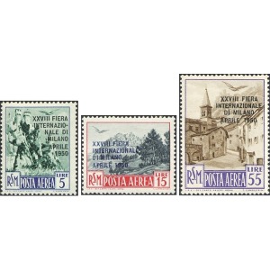 SAN MARINO - 1950 - Posta Aerea: Fiera di Milano soprast. su vedute - 3 v.
