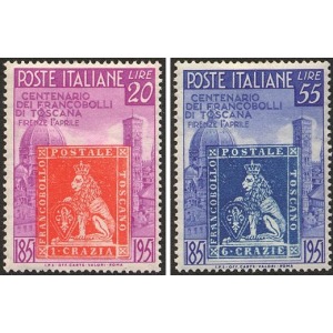 ITALIA - 1951 - 100° primi francobolli di Toscana - 2 v.
