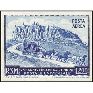 SAN MARINO - 1951 - Posta Aerea: 75° dell'Unione Postale Universale 200 L. (non dent.) - 1 v. da BF