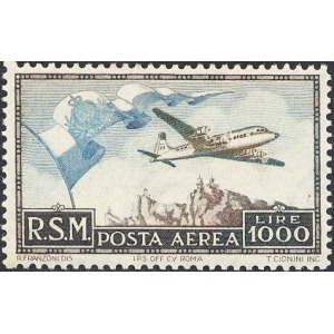 SAN MARINO - 1951 - Posta Aerea: bandiera e aereo in volo - 1 v. da BF