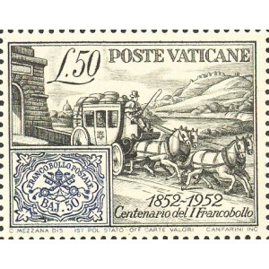 VATICANO - 1952 - 100° dei primi francobolli dello Stato Pontificio (dent. 13 x 12 ¾) - 1 v. da BF