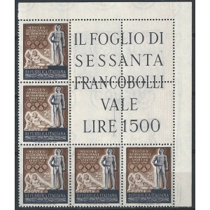 ITALIA - 1952 - Mostra del Francobollo Sportivo - 1 blocco angolare