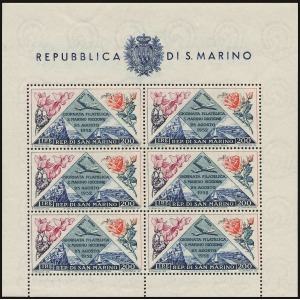 SAN MARINO - 1952 - Posta Aerea: Giornata filatelica Riccione-San Marino 200 L. - 1 BF