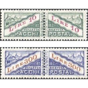 SAN MARINO - 1953 - Pacchi Postali: veduta 10 L. e 300 L. (fil. ruota alata II) - 2 v.