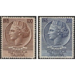 ITALIA - 1954 - Siracusana alti valori 100 L. e 200 L. (fil. ruota alata II) - 2 v.