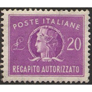 ITALIA - 1955 - Recapito Autorizzato: Italia Turrita formato ridotto 20 L. (fil. stelle) - 1 v.