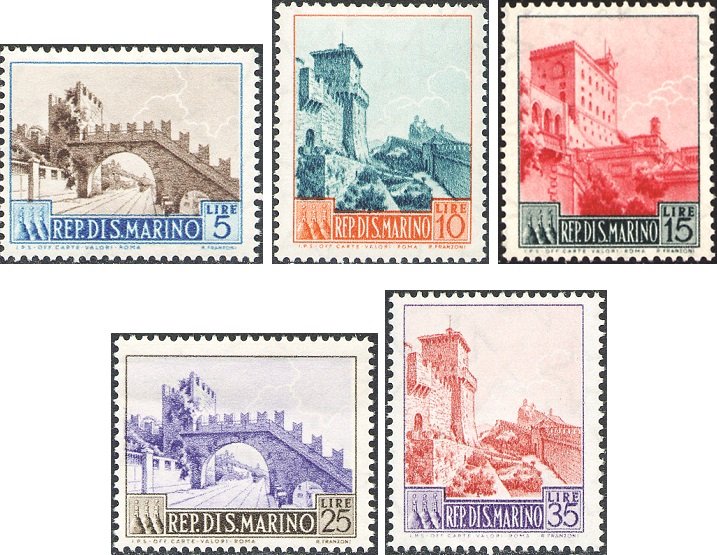 1955 Vedute 5 v. San Marino SAN MARINO - 1955 - Vedute - 5 v.