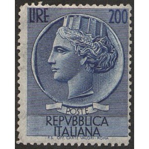 ITALIA - 1957 - Siracusana alto valore 200 L. (fil. stelle III) - 1 v.