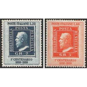 ITALIA - 1959 - 100° francobolli del Regno di Sicilia - 2 v.