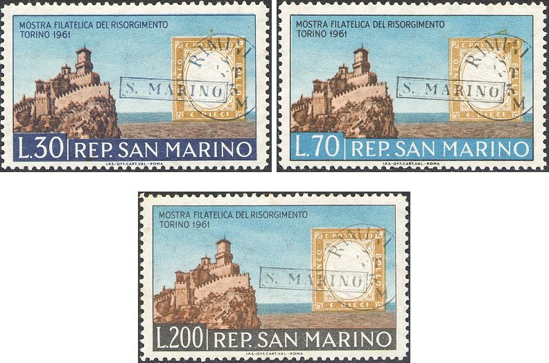 1961 Mostra filatelica del Risorgimento 3 v. San Marino SAN MARINO - 1961 - Mostra filatelica del Risorgimento - 3 v.