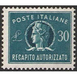 ITALIA - 1965 - Recapito Autorizzato: Italia Turrita formato ridotto 30 L. (fil. stelle) - 1 v.