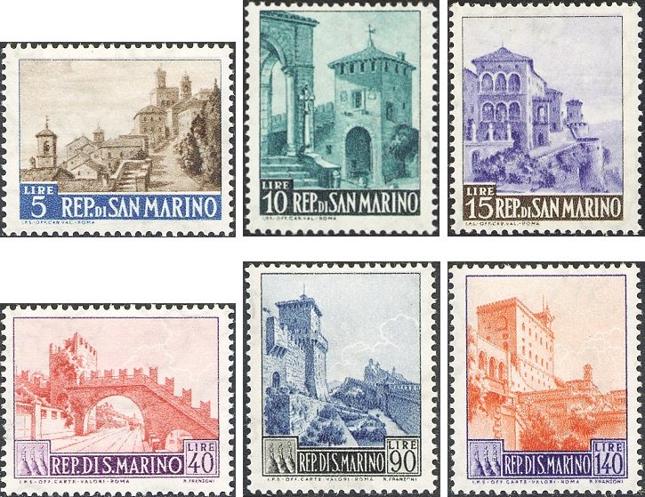 1966 Vedute valori complementari 6 v. San Marino SAN MARINO - 1966 - Vedute, valori complementari - 6 v.