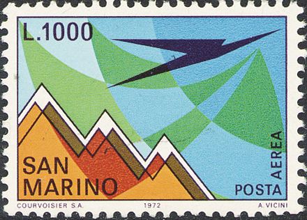 1972 Posta Aerea aereo e Monte Titano stilizzati 1 v. San Marino SAN MARINO - 1972 - Posta Aerea: aereo e Monte Titano stilizzati - 1 v.
