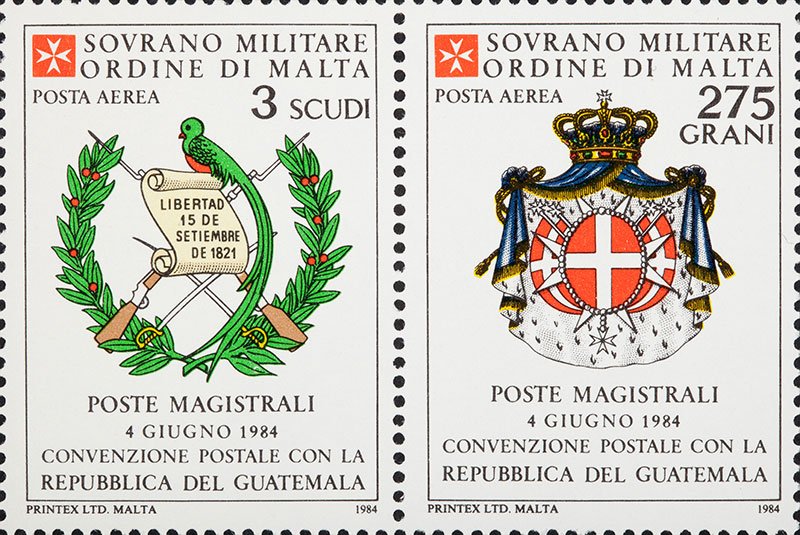 1984 Posta Aerea Convenzione postale con il Guatemala 2 v. in coppia S.M.O.M. SMOM S.M.O.M. - 1984 - Posta Aerea: Convenzione postale con il Guatemala - 2 v. in coppia