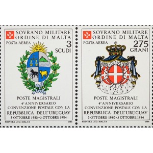 S.M.O.M. - 1984 - Posta Aerea: Convenzione postale con l'Uruguay - 2 v. in coppia
