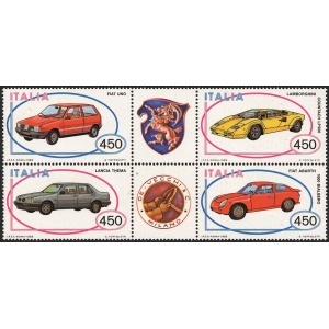 ITALIA - 1985 - Costruzioni automobilistiche II serie - 4 v. in blocco con 2 appendici