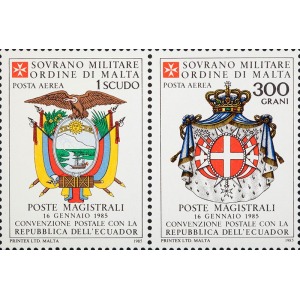 S.M.O.M. - 1985 - Posta Aerea: Convenzione postale con l'Ecuador - 2 v. in coppia