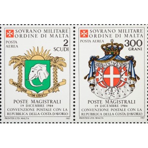 S.M.O.M. - 1985 - Posta Aerea: Convenzione postale con la Costa D'Avorio - 2 v. in coppia