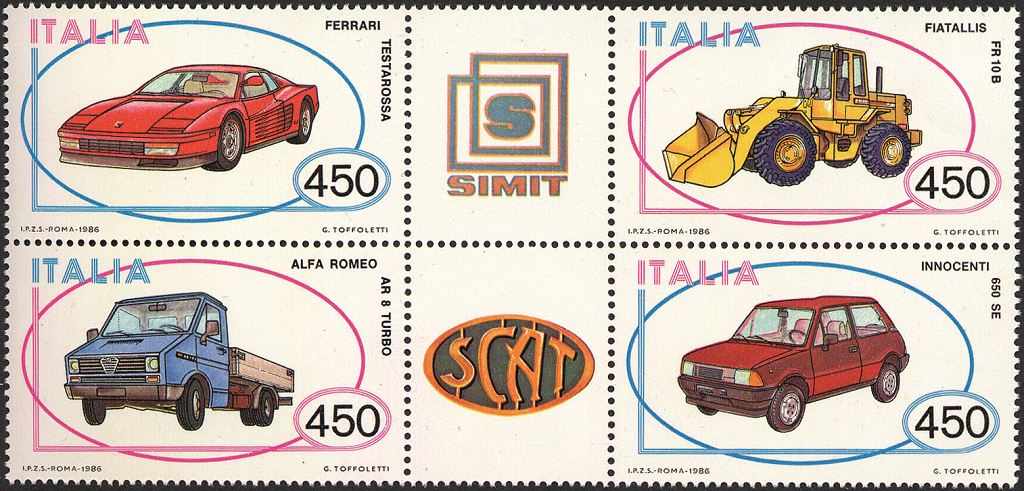 1986 Costruzioni automobilistiche III serie 4 v. in blocco con 2 appendici Italia ITALIA - 1986 - Costruzioni automobilistiche III serie - 4 v. in blocco con 2 appendici