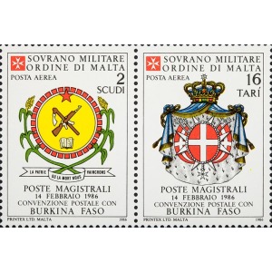 S.M.O.M. - 1986 - Posta Aerea: Convenzione postale con il Burkina Faso - 2 v. in coppia