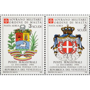 S.M.O.M. - 1986 - Posta Aerea: Convenzione postale con il Venezuela - 2 v. in coppia