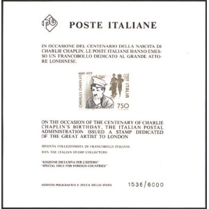 ITALIA - 1989 - 100° della nascita di Charlie Chaplin - 1 BF-cartoncino