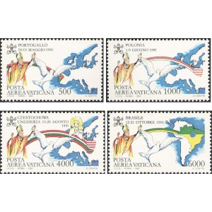 VATICANO - 1992 - Posta Aerea: i viaggi di Papa Giovanni Paolo II nel 1991 - 4 v.