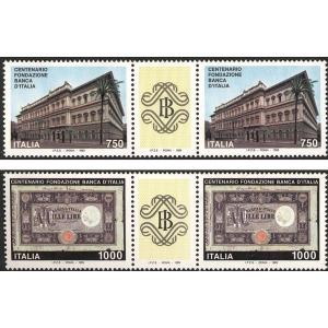 ITALIA - 1993 - 100° della Banca d'Italia - 4 v. in 2 coppie con appendici centrali