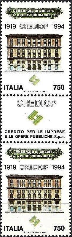 1994 75° del CREDIOP 2 v. in coppia con appendice centrale Italia ITALIA - 1994 - 75° del CREDIOP - 2 v. in coppia con appendice centrale