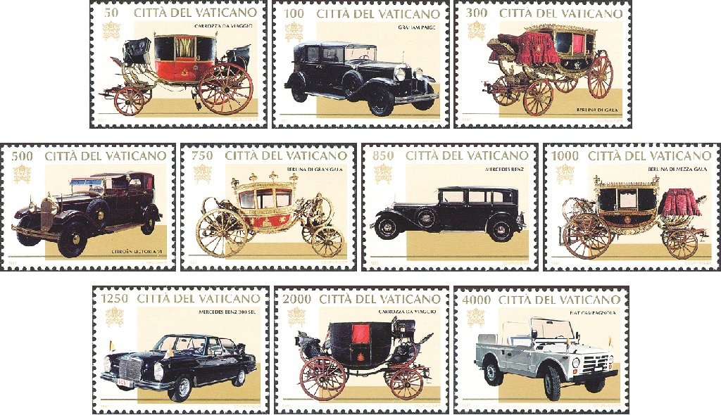 1997 Carrozze e auto Pontificie 10 v. Vaticano VATICANO - 1997 - Carrozze e auto Pontificie - 10 v.