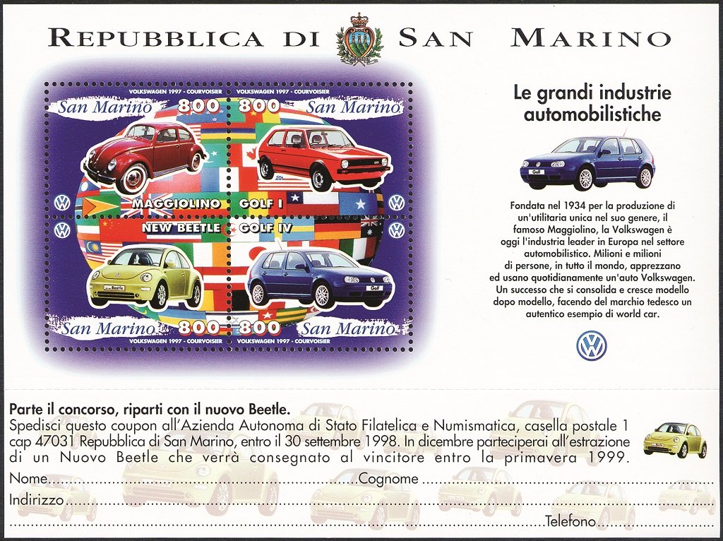 1997 Grandi industrie automobilistiche Volkswagen 1 BF San Marino SAN MARINO - 1997 - Grandi industrie automobilistiche: Volkswagen - 1 BF