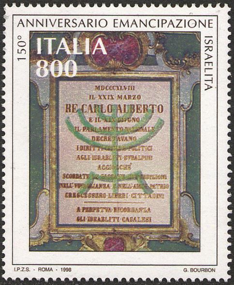 1998 150° della firma dell atto di emancipazione degli ebrei italiani 1 v. Italia ITALIA - 1998 - 150° della firma dell'atto di emancipazione degli ebrei italiani - 1 v.