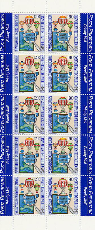 1999 50° del Consiglio d Europa 1 MF da 10 v. con appendice Posta Prioritaria Vaticano VATICANO - 1999 - 50° del Consiglio d'Europa - 1 MF da 10 v. con appendice Posta Prioritaria