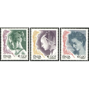 ITALIA - 2002 - La donna nell'arte 0,01 €, 0,03 € e 0,20 € - 3 v.