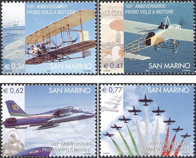 2003 100° del primo aeroplano a motore 4 v. San Marino SAN MARINO - 2003 - 100° del primo aeroplano a motore - 4 v.