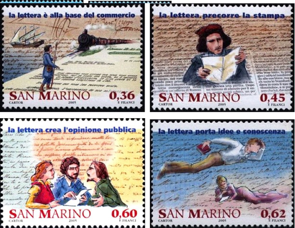 2005 Storia della posta 4 v. San Marino SAN MARINO - 2005 - Storia della posta - 4 MF da 20 v. con illustrazione