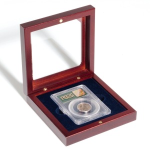 LEUCHTTURM - Astuccio VOLTERRA in legno a 1 casella rettangolare da 63x85 mm con coperchio in vetro - Mogano