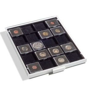 LEUCHTTURM - Box MB fumé con vassoio in floccato nero a 20 caselle quadrate da 50 mm con tacca