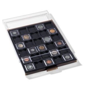 LEUCHTTURM - Box MB fumé con vassoio in floccato nero a 30 caselle quadrate da 38 mm con tacca