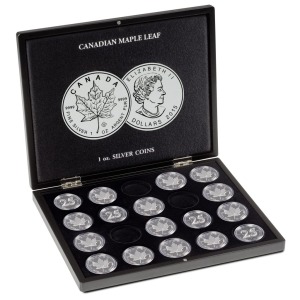 LEUCHTTURM - Cofanetto VOLTERRA in legno con 1 ripiano a 20 caselle rotonde per once Ag. Maple Leaf in capsula - Nero