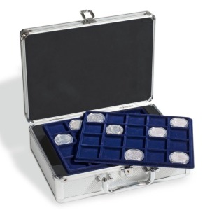 LEUCHTTURM - Valigetta in alluminio CARGO S6 con 6 vassoi in floccato blu a 20 caselle quadrate da 41 mm