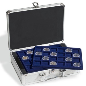 LEUCHTTURM - Valigetta in alluminio CARGO S6 con 6 vassoi in floccato blu a 24 caselle quadrate da 33 mm