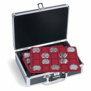 LEUCHTTURM - Valigetta nera CARGO S6 con 6 vassoi in floccato rosso a 20 caselle quadrate da 41 mm