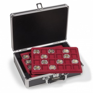 LEUCHTTURM - Valigetta nera CARGO S6 con 6 vassoi in floccato rosso a 24 caselle quadrate da 33 mm