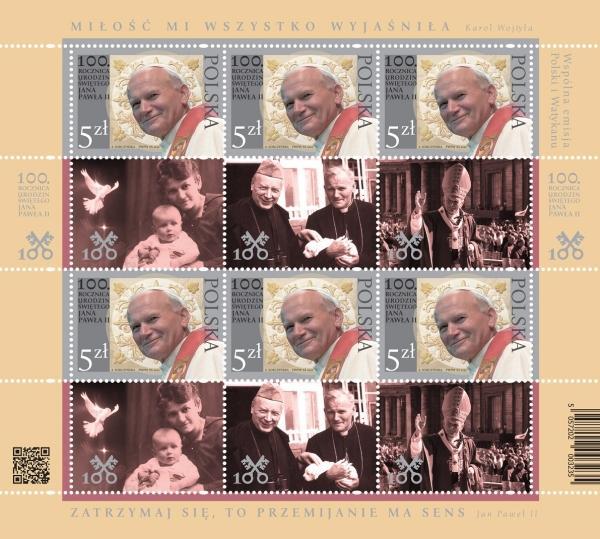2020 100° della nascita di San Giovanni Paolo II 1 MF da 6 v. con 6 chiudilettera E.C. di Polonia con Vaticano Vaticano POLONIA - 2020 - 100° della nascita di San Giovanni Paolo II - 1 MF da 6 v. con 6 chiudilettera (E.C. di Polonia con Vaticano)