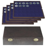 LINDNER - Cofanetto CARUS 4 in legno con 4 ripiani blu a 35 caselle rotonde da 32,5 mm - Noce scuro