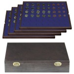 LINDNER - Cofanetto CARUS 4 in legno con 4 ripiani blu a caselle rotonde per 6 serie Euro ciascuno - Noce scuro