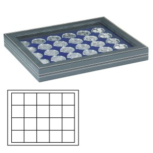 LINDNER - Cofanetto NERA CASSETTA M CON FINESTRA con interno blu a 20 caselle quadrate da 47 mm - Nero