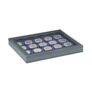 LINDNER - Cofanetto NERA CASSETTA M CON FINESTRA con interno blu a 20 caselle quadrate da 50 mm con tacca - Nero