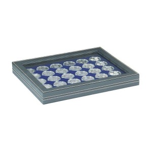 LINDNER - Cofanetto NERA CASSETTA M CON FINESTRA con interno blu a 30 caselle rotonde da 37,5 mm - Nero